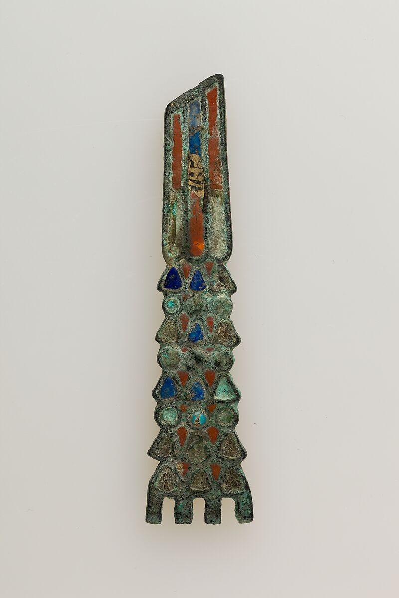 Part of a flail for a statue, Cupreous metal, glass 