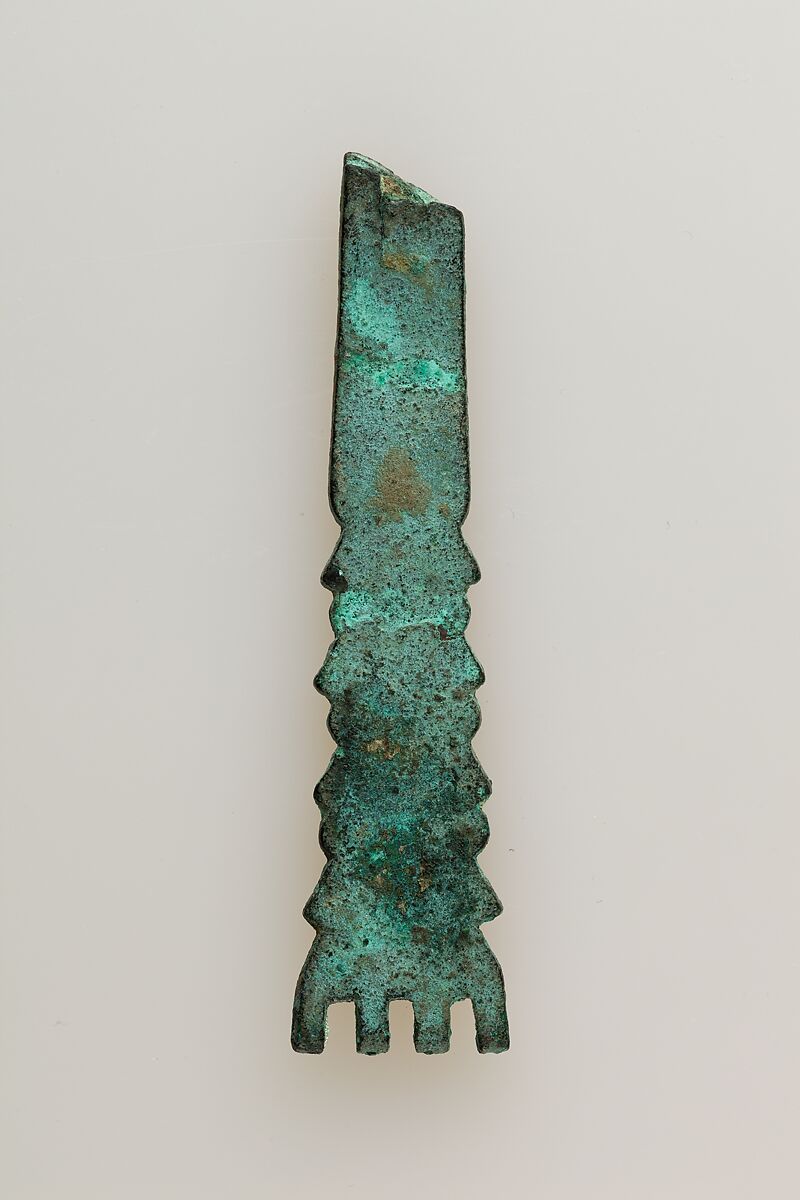 Part of a flail for a statue, Cupreous metal, glass