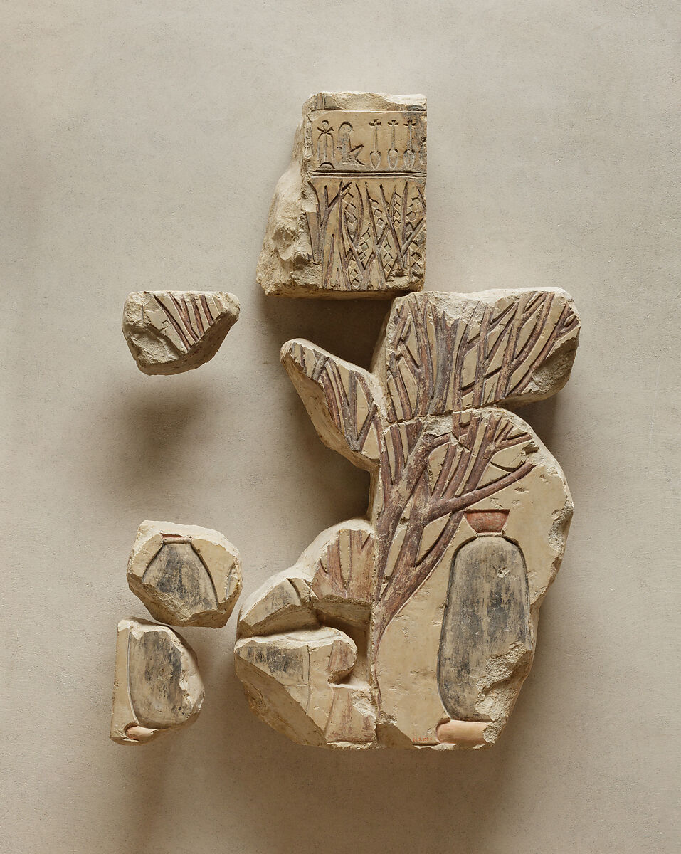 Relief of an Acacia Tree Shading Water Jars with Drinking Cups, Limestone, paint 