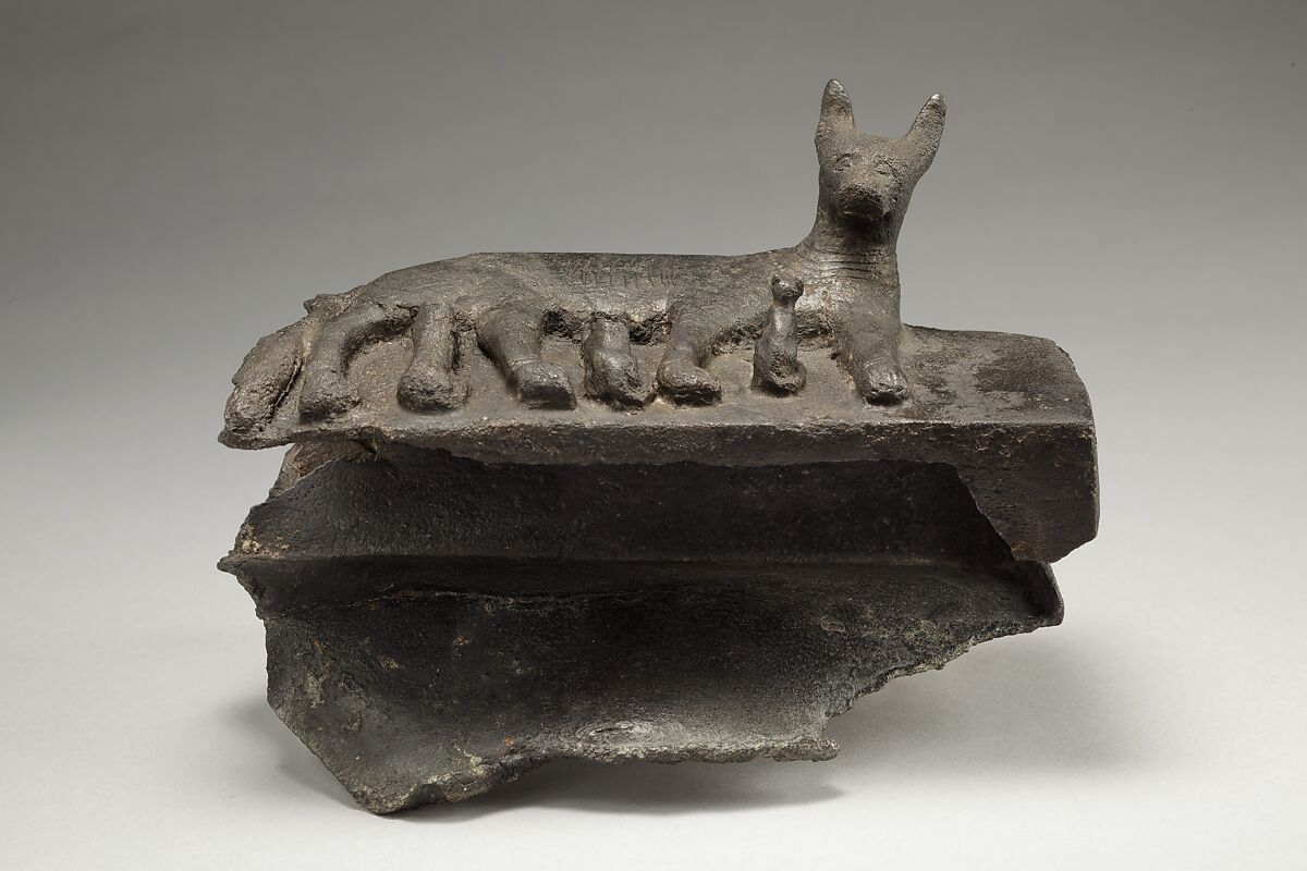 Cat with kittens on damaged box for animal mummy, Cupreous metal 