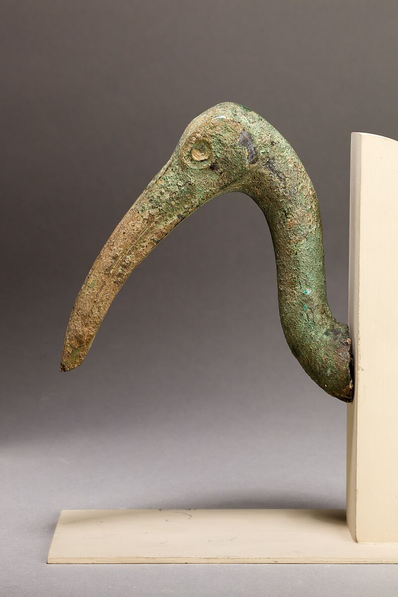 Ibis head, Cupreous metal, wood, stone