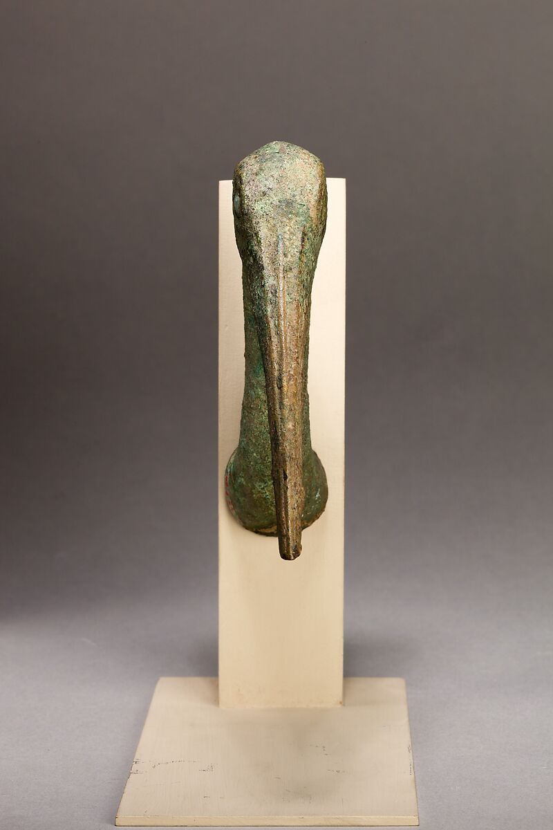 Ibis head, Cupreous metal, wood, stone
