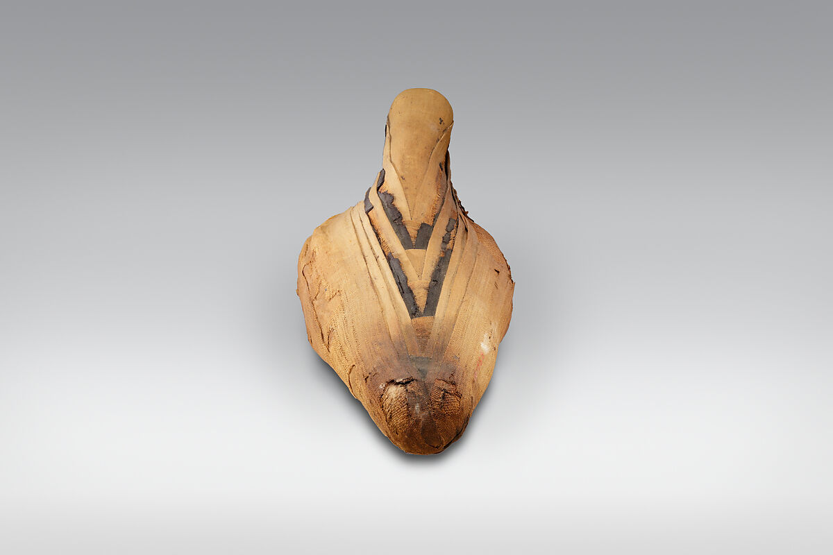 Sacred animal mummy of an ibis, Dyed and unyed linen, animal remains, mummfication materials