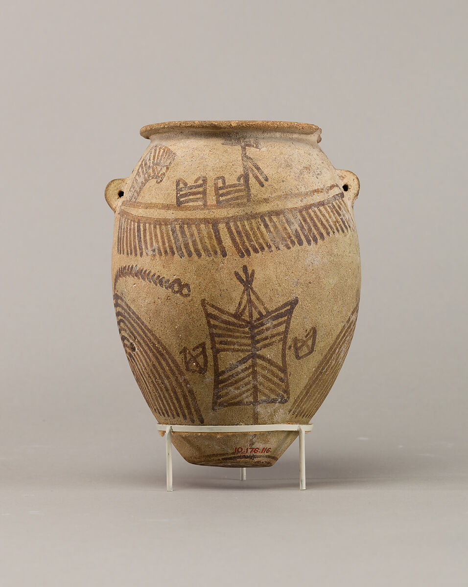 Decorated ware jar illustrating boats, Pottery, paint 