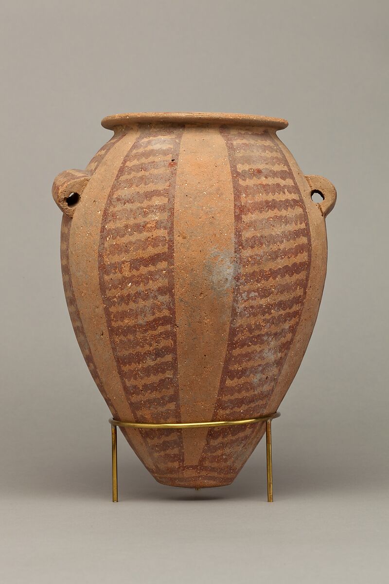 Decorated ware jar with vertical bands of wavy lines, Pottery, paint 