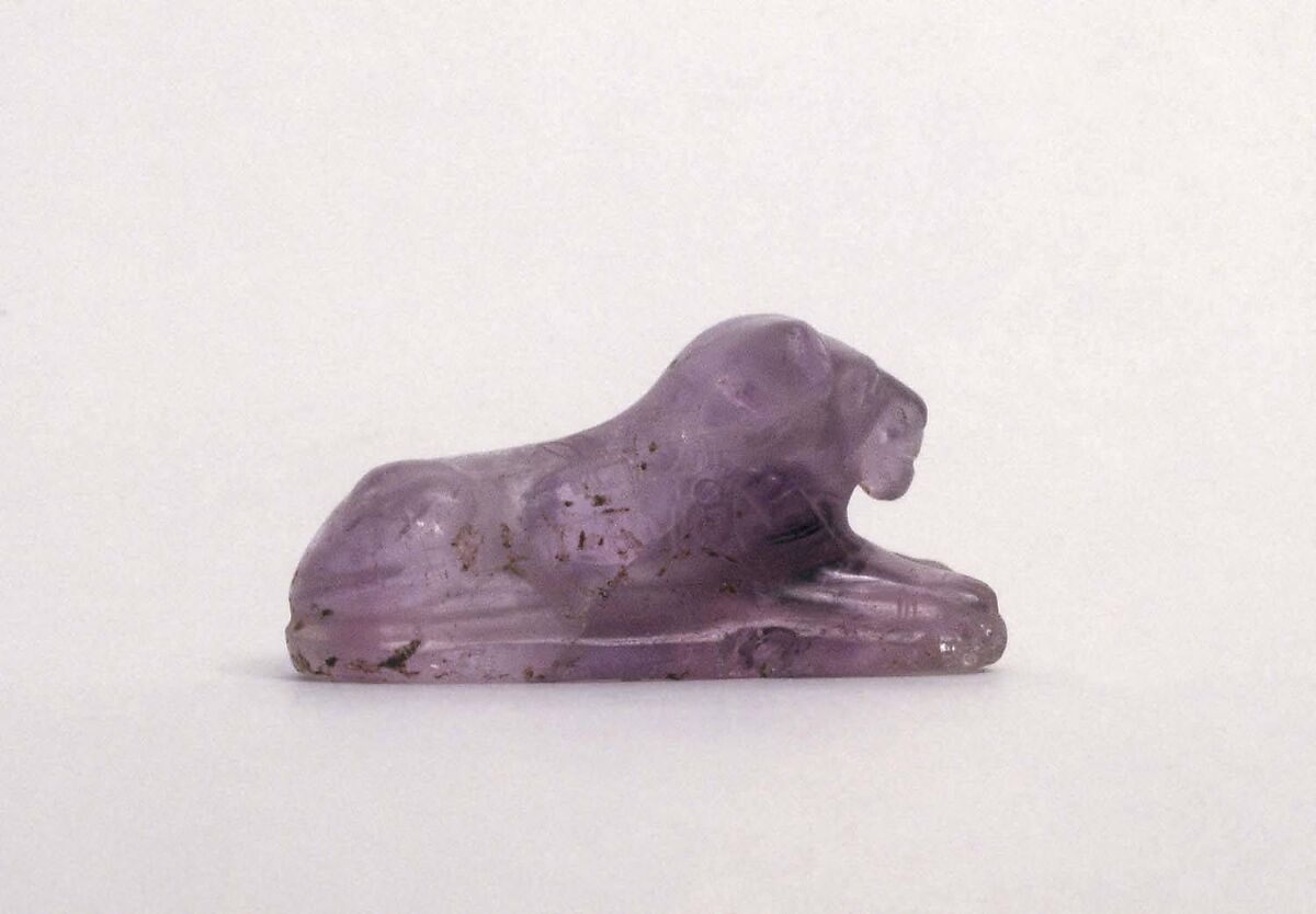 Lion Amulet, Perforated Lengthwise, Inscribed with the Name of Senwosret I and the Epithet "Beloved by the Souls [Ancient Rulers or Gods] of Heliopolis", Amethyst 