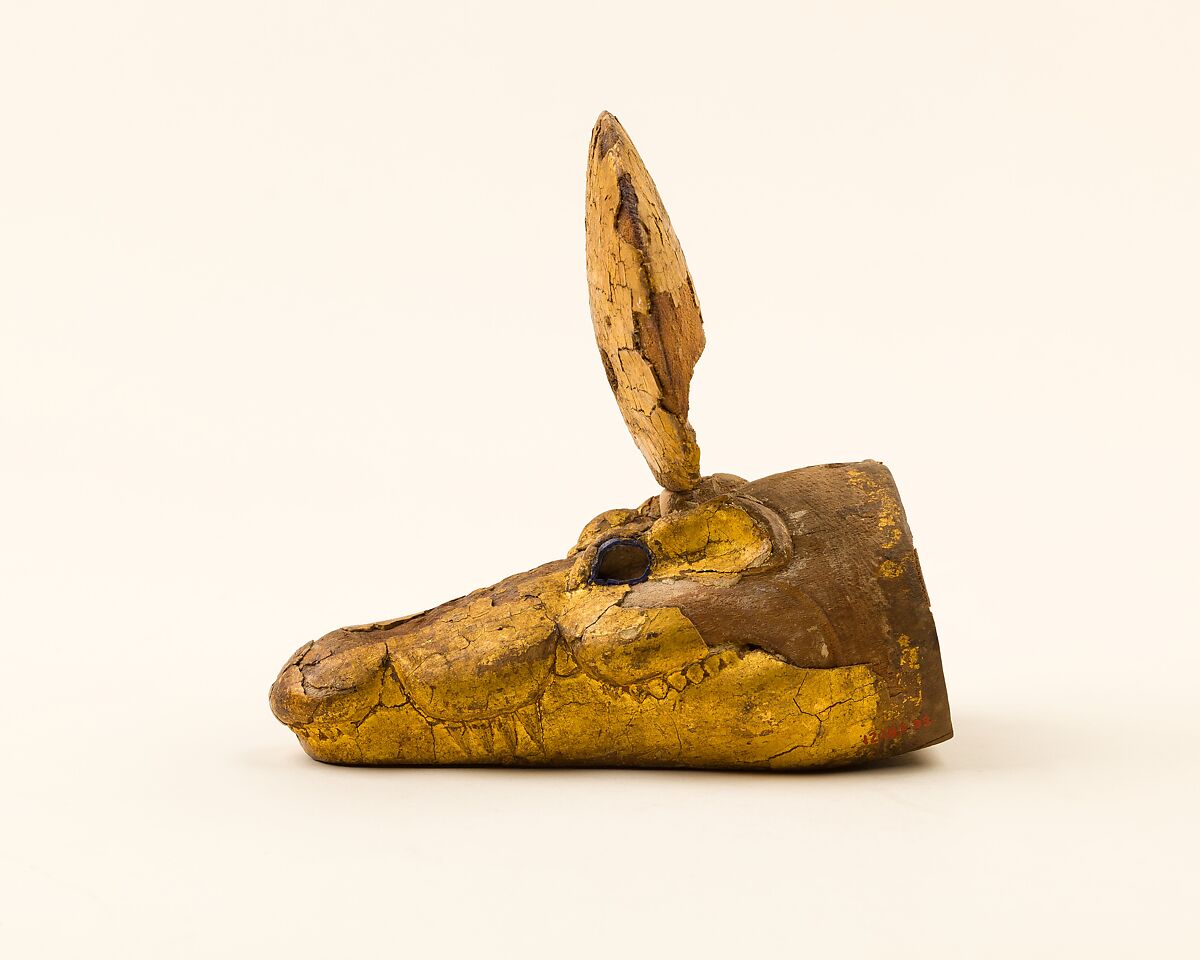 Mask for a crocodile mummy, Wood, gold leaf
