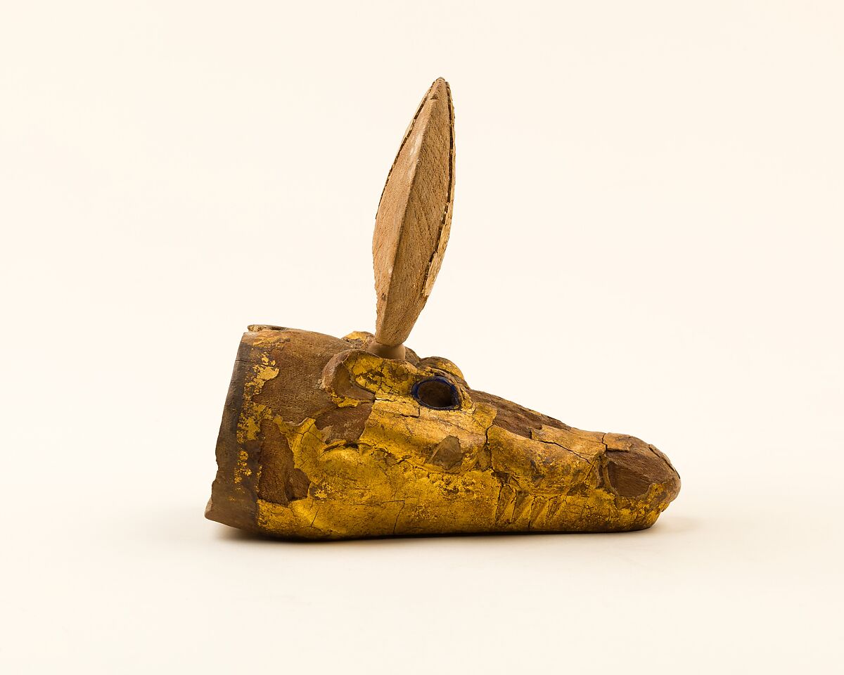Mask for a crocodile mummy, Wood, gold leaf