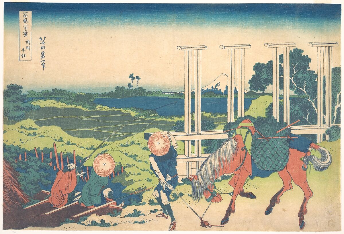Senju in Musashi Province (Bushū Senju), from the series Thirty-six Views of Mount Fuji (Fugaku sanjūrokkei), Katsushika Hokusai (Japanese, Tokyo (Edo) 1760–1849 Tokyo (Edo)), Woodblock print; ink and color on paper, Japan 