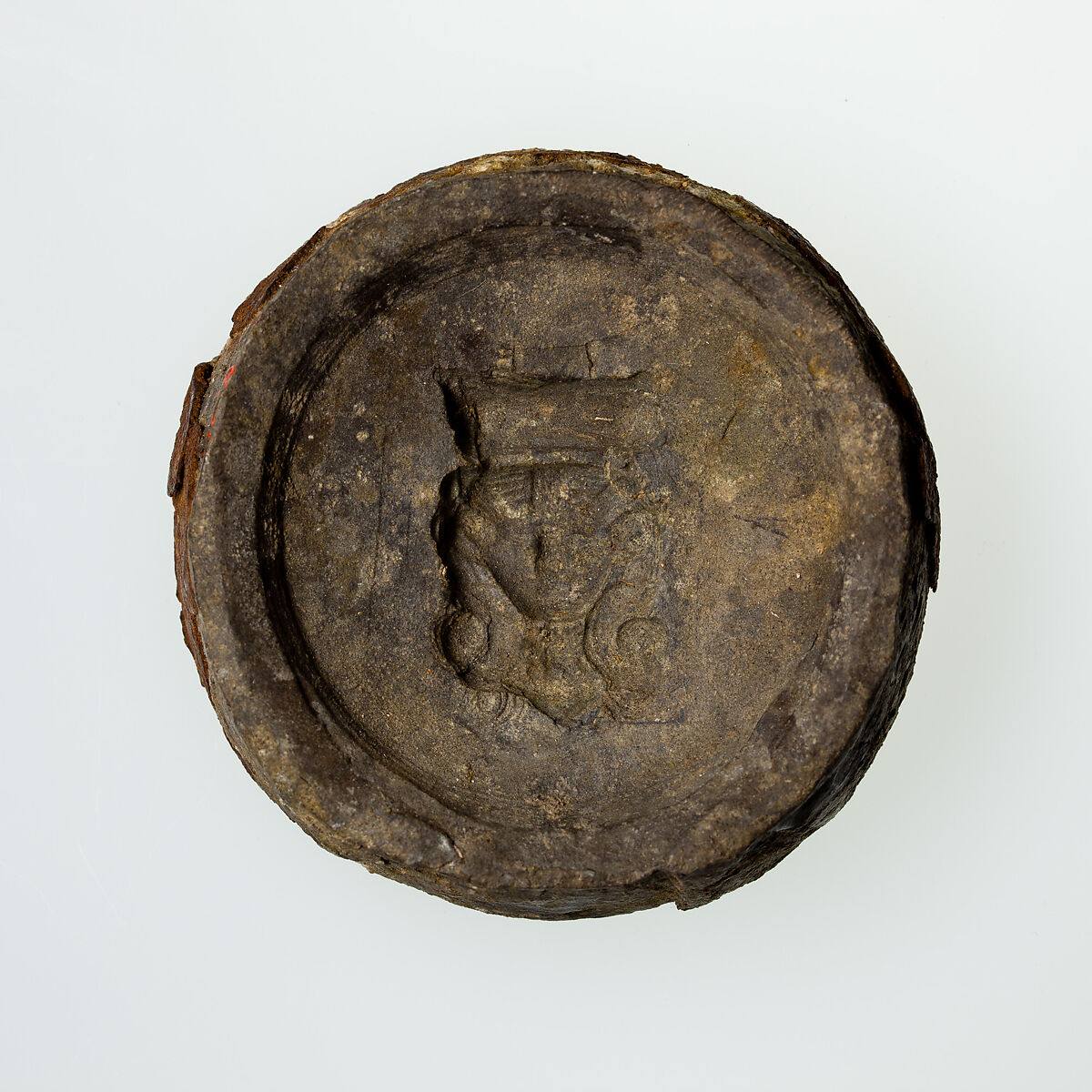 Metal mold illustrating Hathor head, Lead