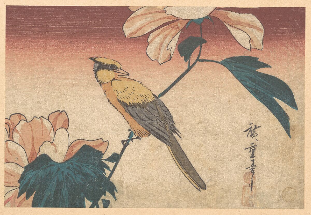 Hibiscus Mutabilis and Jay, Utagawa Hiroshige (Japanese, Tokyo (Edo) 1797–1858 Tokyo (Edo)), Woodblock print; ink and color on paper, Japan 