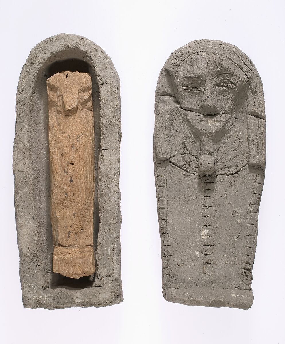 Shabti and Shabti Coffin, Mud, wood 