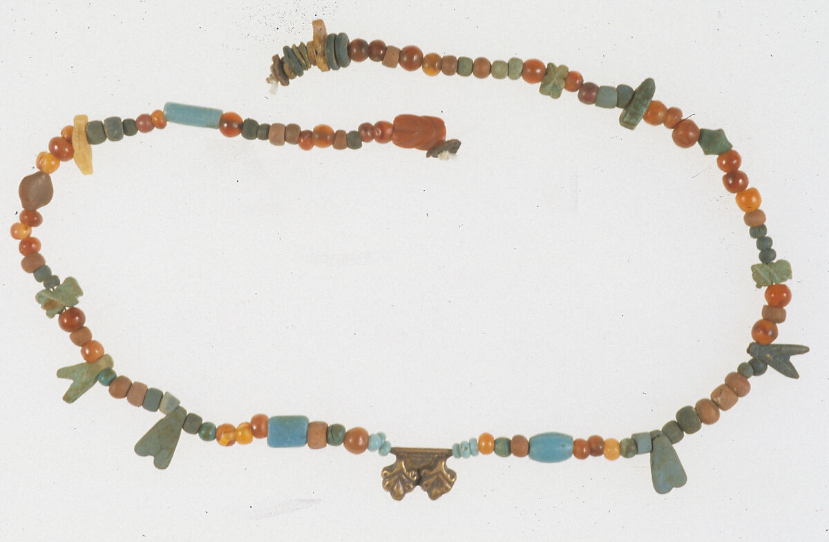 Necklace with fly amulets, Yellow, green and blue faience, gold