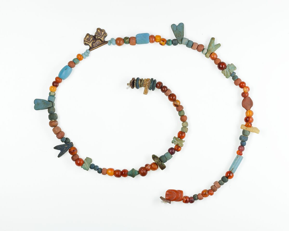 Necklace with fly amulets, Yellow, green and blue faience, gold 