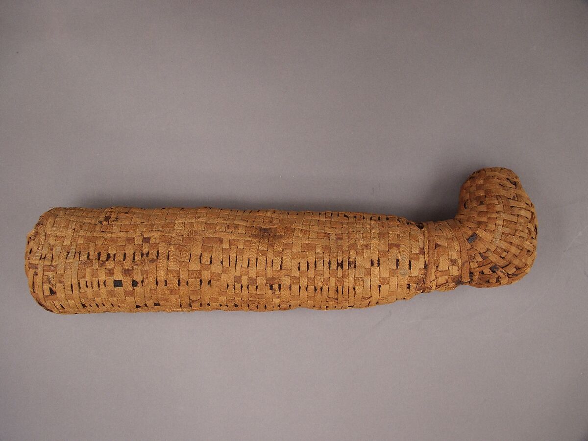 Sacred animal mummy of a cat, Linen, paint, animal remains, mummification materials