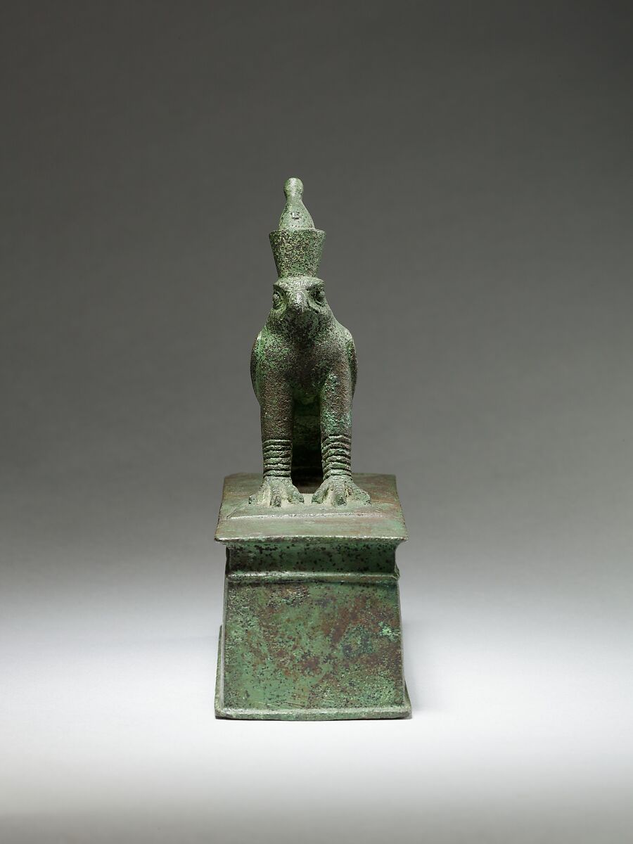 Falcon surmounting box for an animal mummy, Cupreous metal