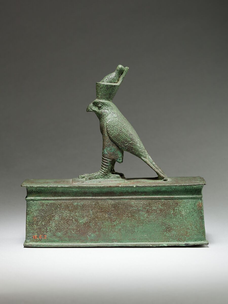 Falcon surmounting box for an animal mummy, Cupreous metal
