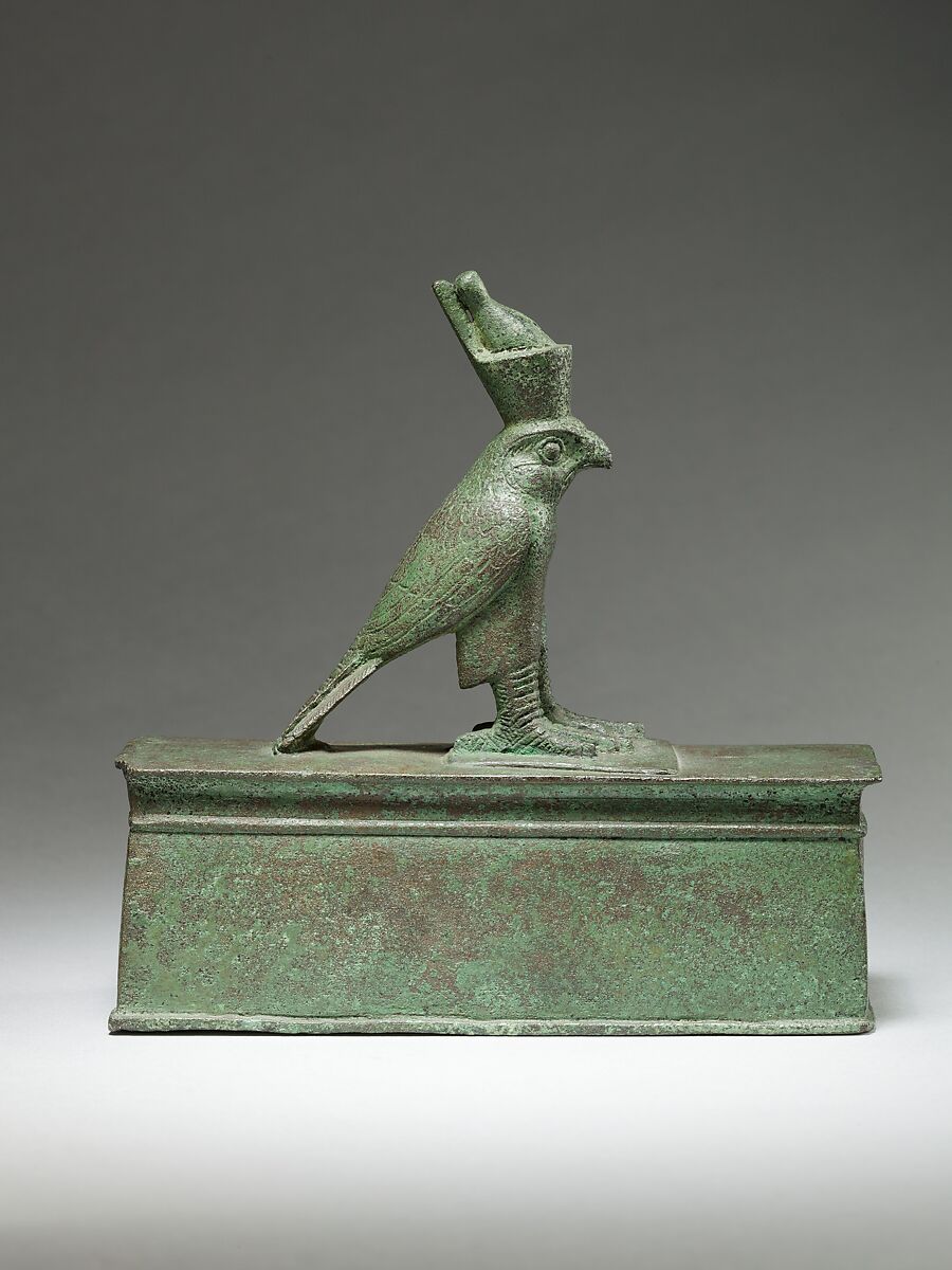 Falcon surmounting box for an animal mummy, Cupreous metal