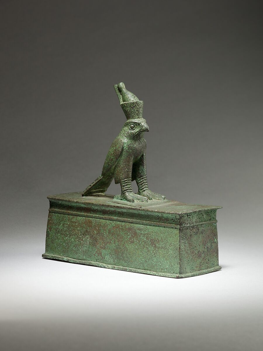 Falcon surmounting box for an animal mummy, Cupreous metal
