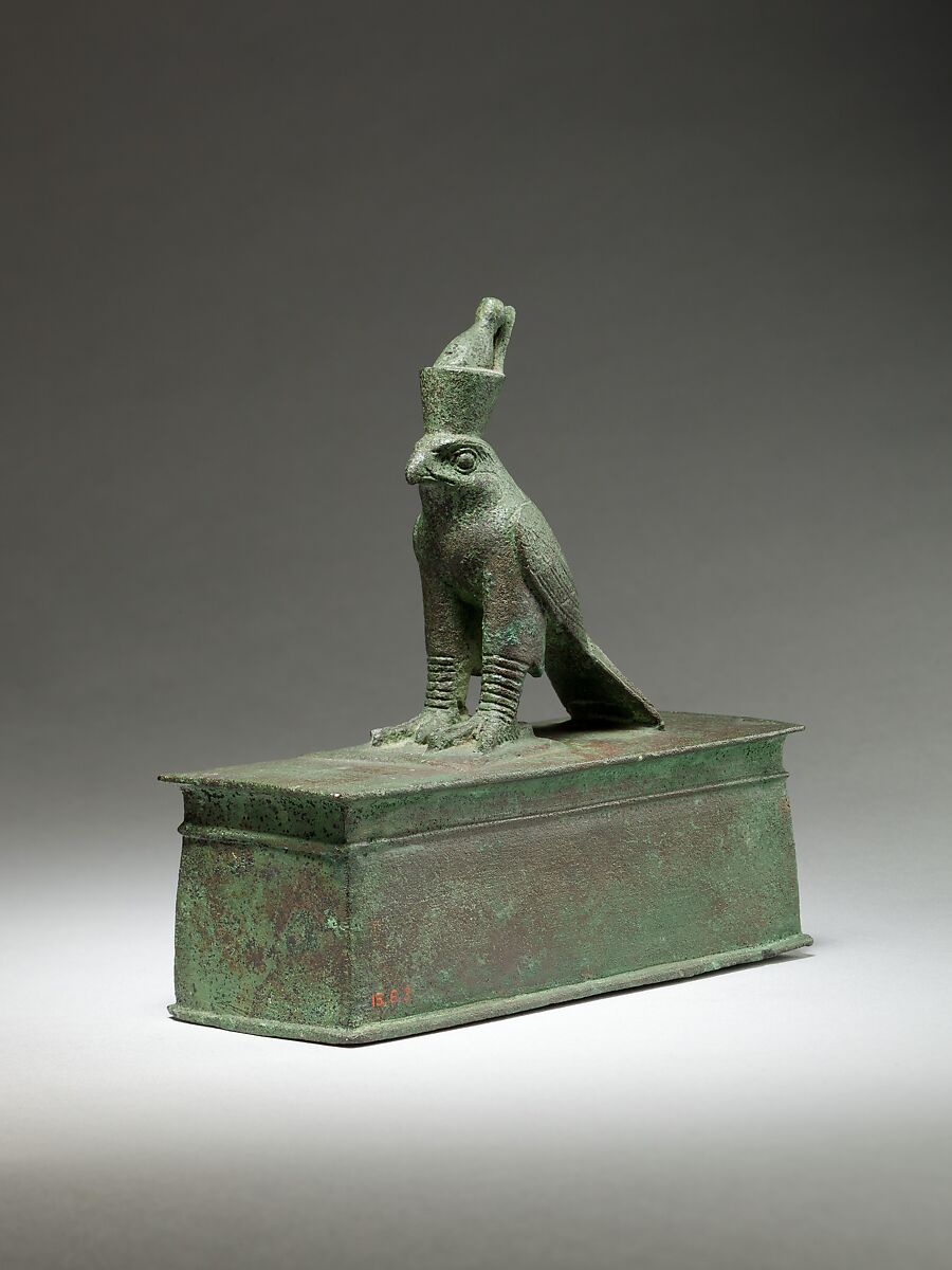 Falcon surmounting box for an animal mummy, Cupreous metal 