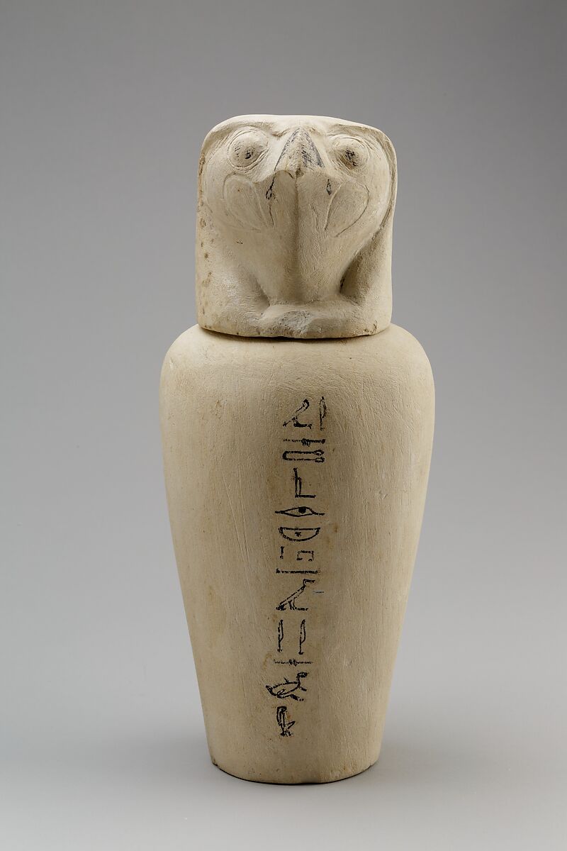 Falcon-headed stopper (Qebehsenuef) from a canopic jar, Limestone 