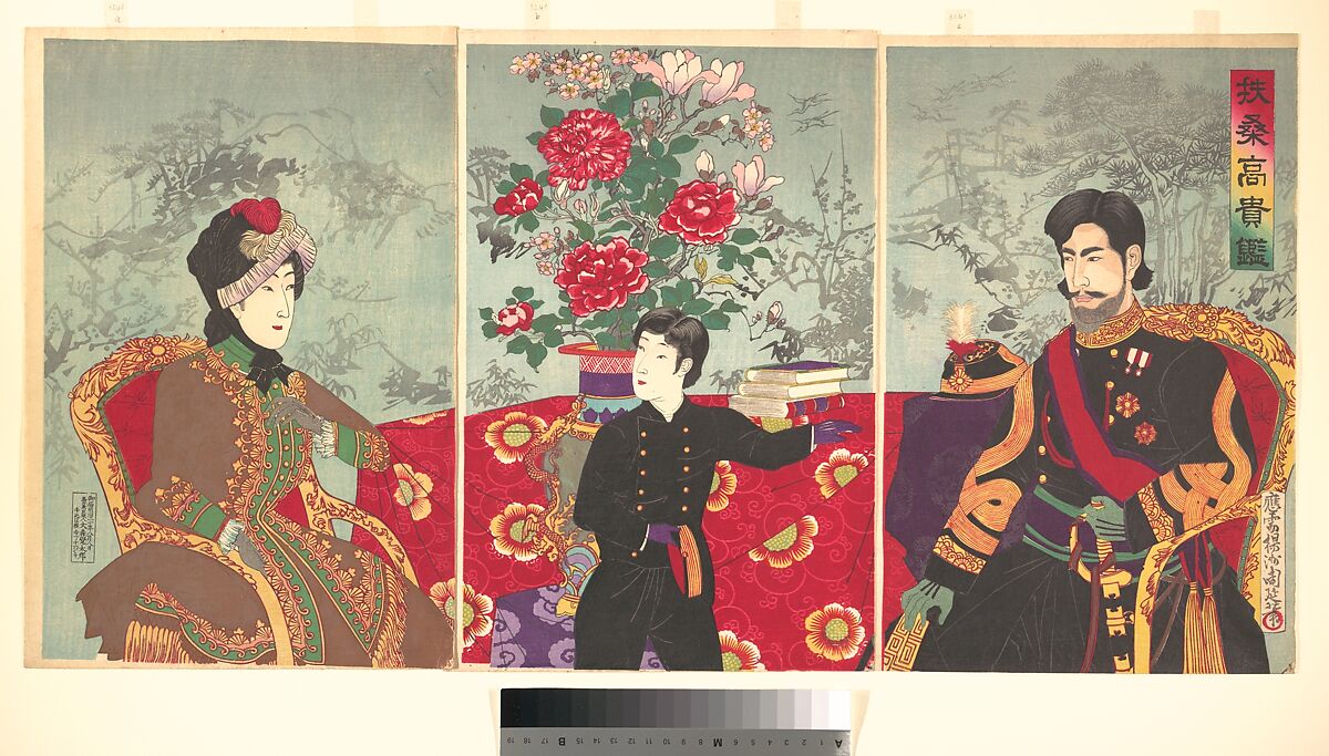 A Mirror of Japan’s Nobility, Yōshū (Hashimoto) Chikanobu (Japanese, 1838–1912), Triptych of woodblock prints (nishiki-e); ink and color on paper, Japan 