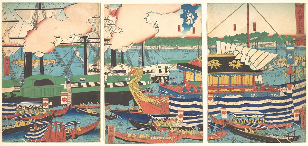 View of Shibaura, from the series Eastern Capital (Tōto, Shibaura no fūkei), Utagawa Yoshitora (Japanese, active ca. 1850–80), Sheet from a triptych of woodblock prints; ink and color on paper, Japan 