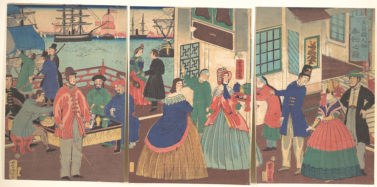 People of the Five Nations Drinking and Eating (Gokakoku jinbutsu dontaku no zu), Utagawa Yoshitora (Japanese, active ca. 1850–80), Triptych of woodblock prints (nishiki-e); ink and color on paper, Japan 