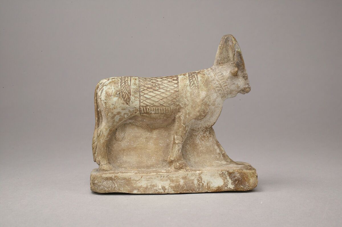 Apis Bull Figure, Green faience, discolored 