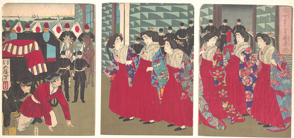 Illustration of Ladies-in-waiting boarding at a station (Kanjo sutēshon chakusha zu), Tsukioka Yoshitoshi (Japanese, 1839–1892), Woodblock print; ink and color on paper, Japan 