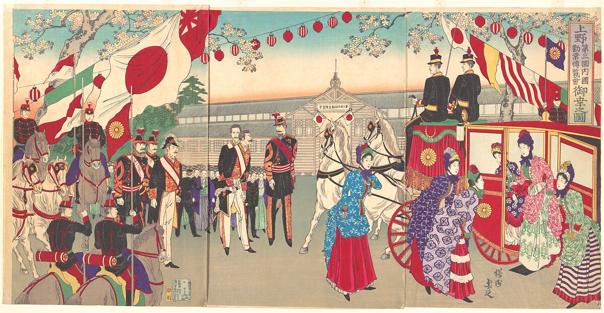 Visit of the Empress to the Third National Industrial Promotional Exhibition at Ueno Park  (Ueno dai sankai  naikoku kangyō hakuran kai gyokō no zu), Yōshū (Hashimoto) Chikanobu (Japanese, 1838–1912), Triptych of woodblock prints; ink and color on paper, Japan 