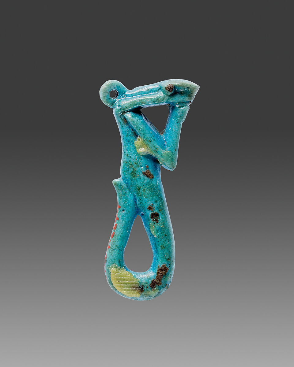 Amulet in the form of a serpent decan with raised arms, Faience
