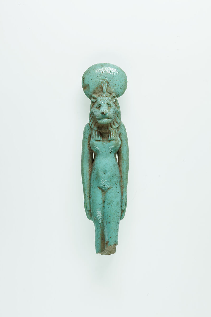 Statuette of a lion-headed goddess, Faience 