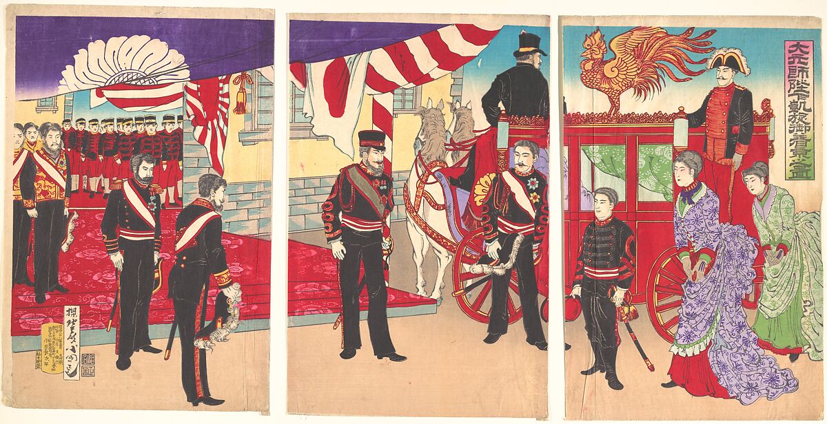 Arrival of the Emperor at Tokyo after the Victory (Russo-Japanese War), Utagawa Kunisada III (Japanese, 1848–1920), Woodblock print; ink and color on paper, Japan 