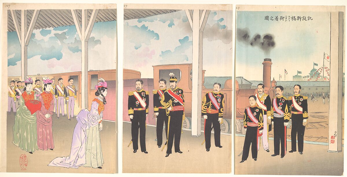Triumphant Arrival of the Emperor at Shinbashi Station, Kobayashi Kiyochika  Japanese, Triptych of woodblock prints; ink and color on paper, Japan