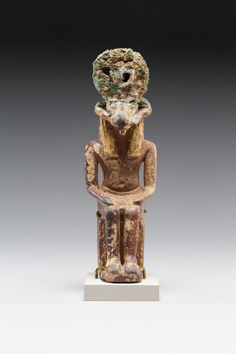 Ram-headed figure of the god Amun-Re, Faience, cupreous metal (headdress) 