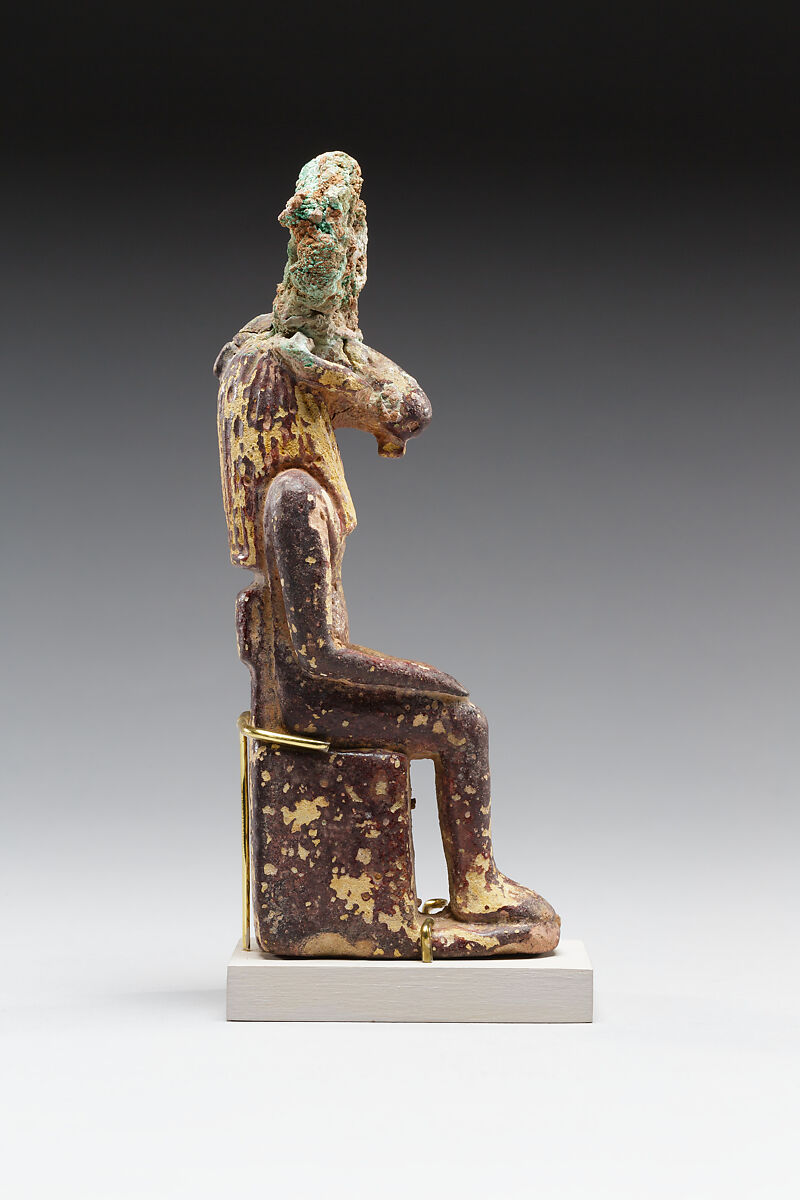 Seated ram-headed god, possibly Amun-Re, Faience, cupreous metal (headdress)