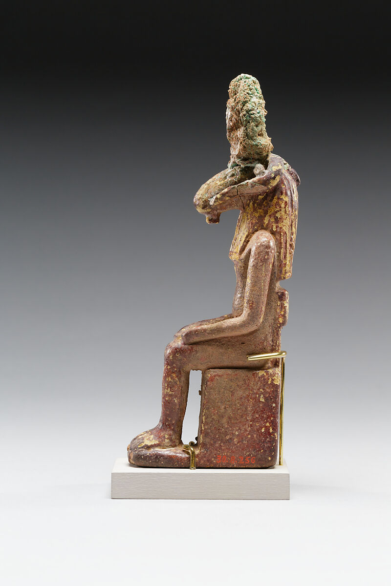 Seated ram-headed god, possibly Amun-Re, Faience, cupreous metal (headdress)