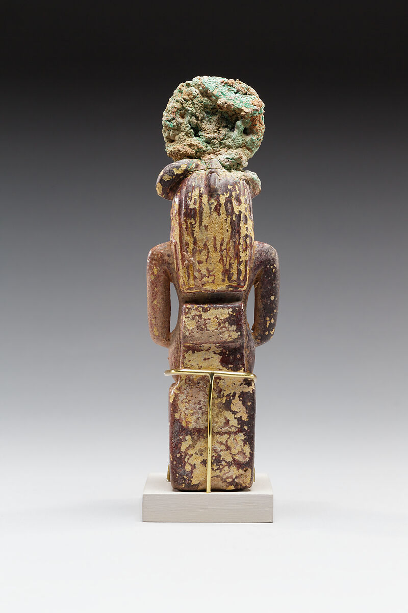Seated ram-headed god, possibly Amun-Re, Faience, cupreous metal (headdress)
