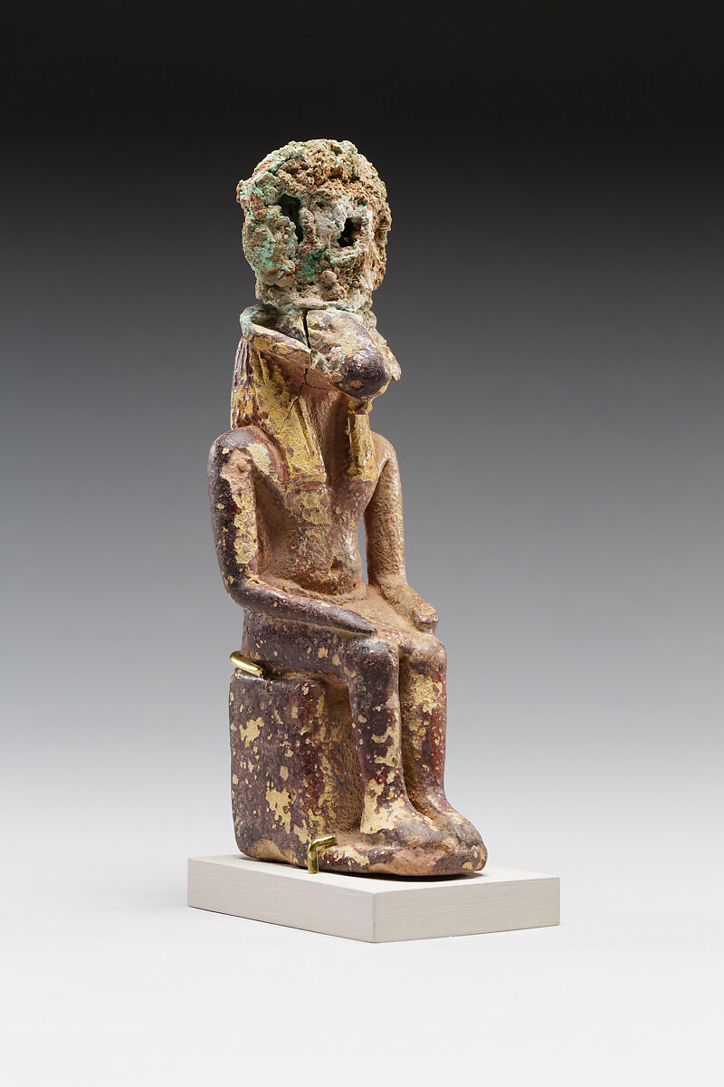 Seated ram-headed god, possibly Amun-Re, Faience, cupreous metal (headdress)