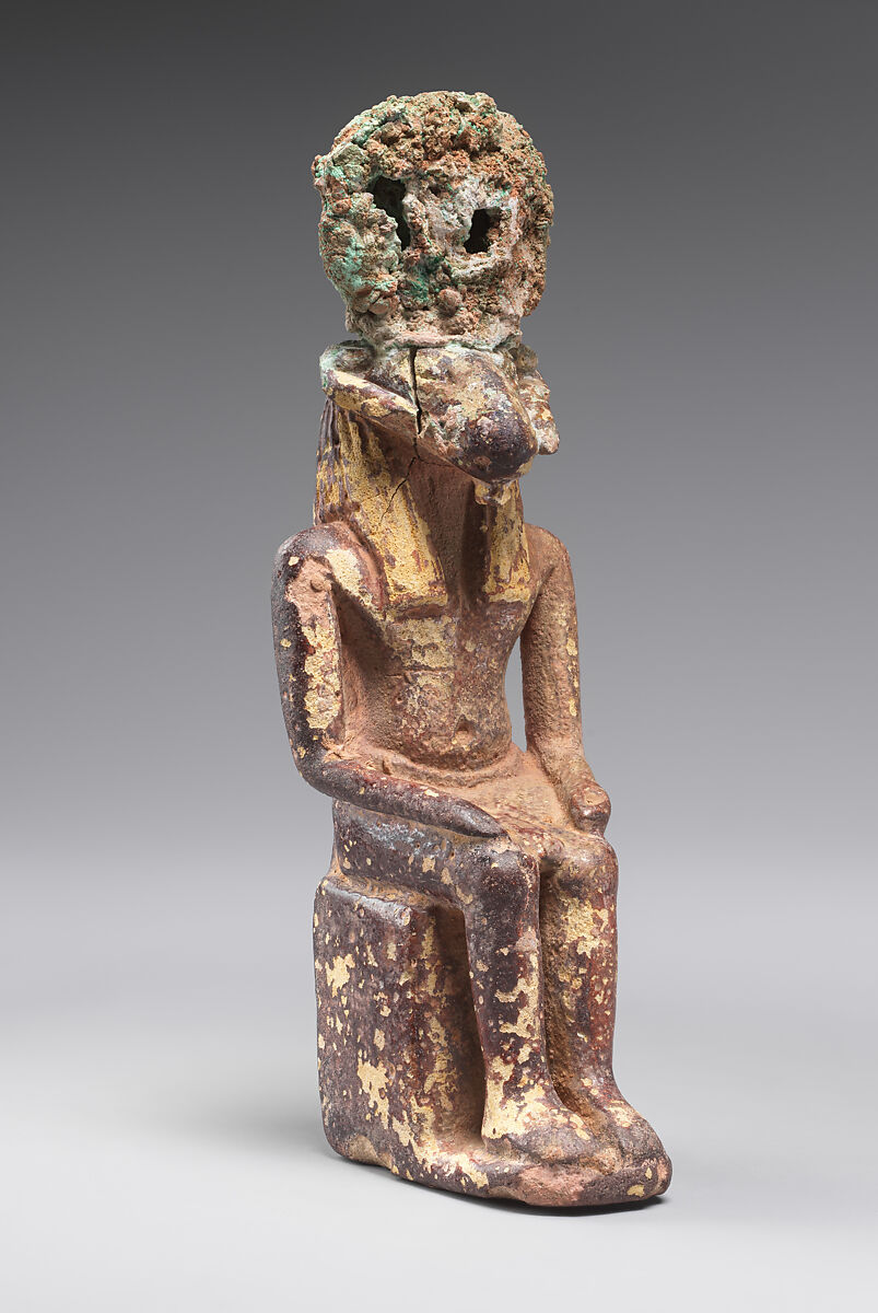 Seated ram-headed god, possibly Amun-Re, Faience, cupreous metal (headdress)