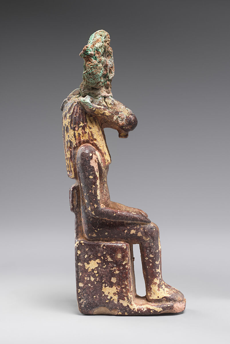 Seated ram-headed god, possibly Amun-Re, Faience, cupreous metal (headdress)
