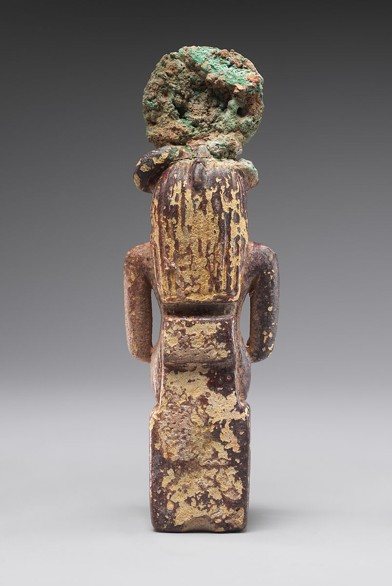 Seated ram-headed god, possibly Amun-Re, Faience, cupreous metal (headdress)