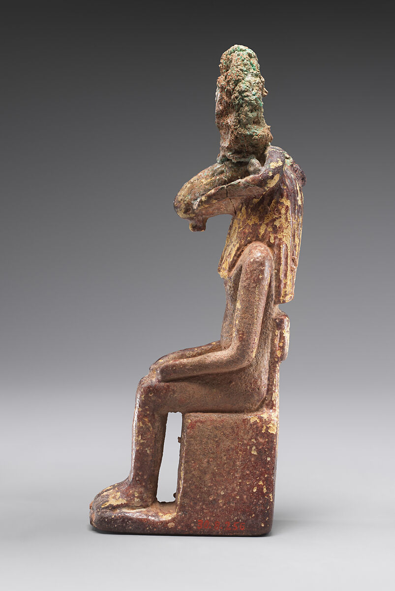 Seated ram-headed god, possibly Amun-Re, Faience, cupreous metal (headdress)
