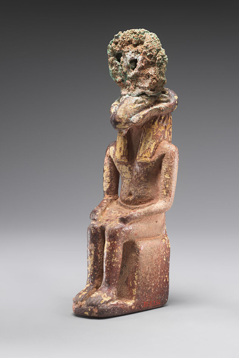 Seated ram-headed god, possibly Amun-Re, Faience, cupreous metal (headdress)