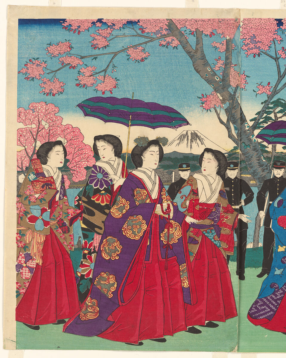 View of Benten Shrine on Nakanoshima Island in Shinobazu Pond, Ueno Park, from the series Famous Views of Tokyo (Tōkyō Tokyo meisho yori Ueno kōen Shinobazu no ike Nakanoshima Benten no kei), Utagawa Hiroshige III (Japanese, 1843–1894), Triptych of woodblock prints (nishiki-e); ink and color on paper, Japan