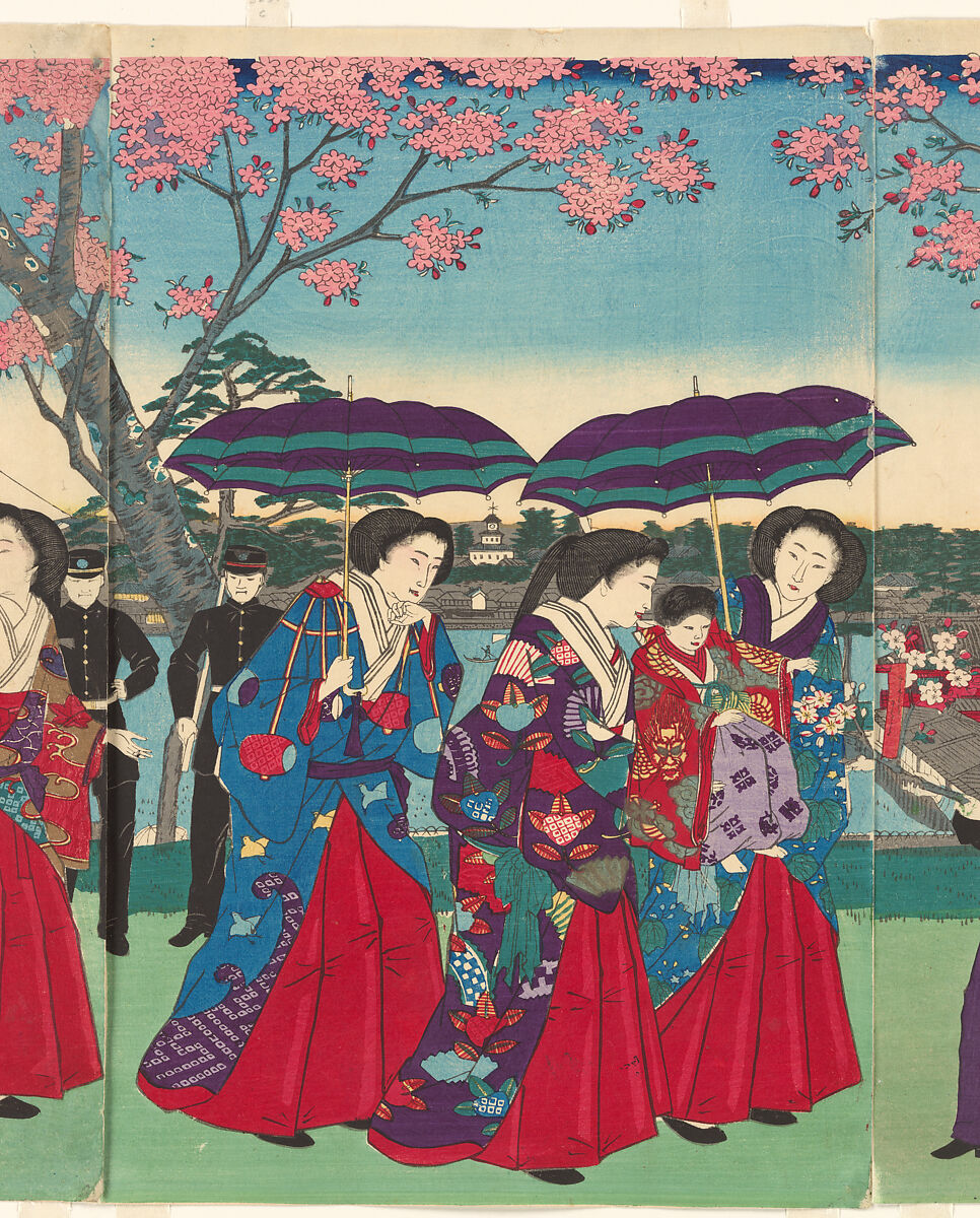 View of Benten Shrine on Nakanoshima Island in Shinobazu Pond, Ueno Park, from the series Famous Views of Tokyo (Tōkyō Tokyo meisho yori Ueno kōen Shinobazu no ike Nakanoshima Benten no kei), Utagawa Hiroshige III (Japanese, 1843–1894), Triptych of woodblock prints (nishiki-e); ink and color on paper, Japan