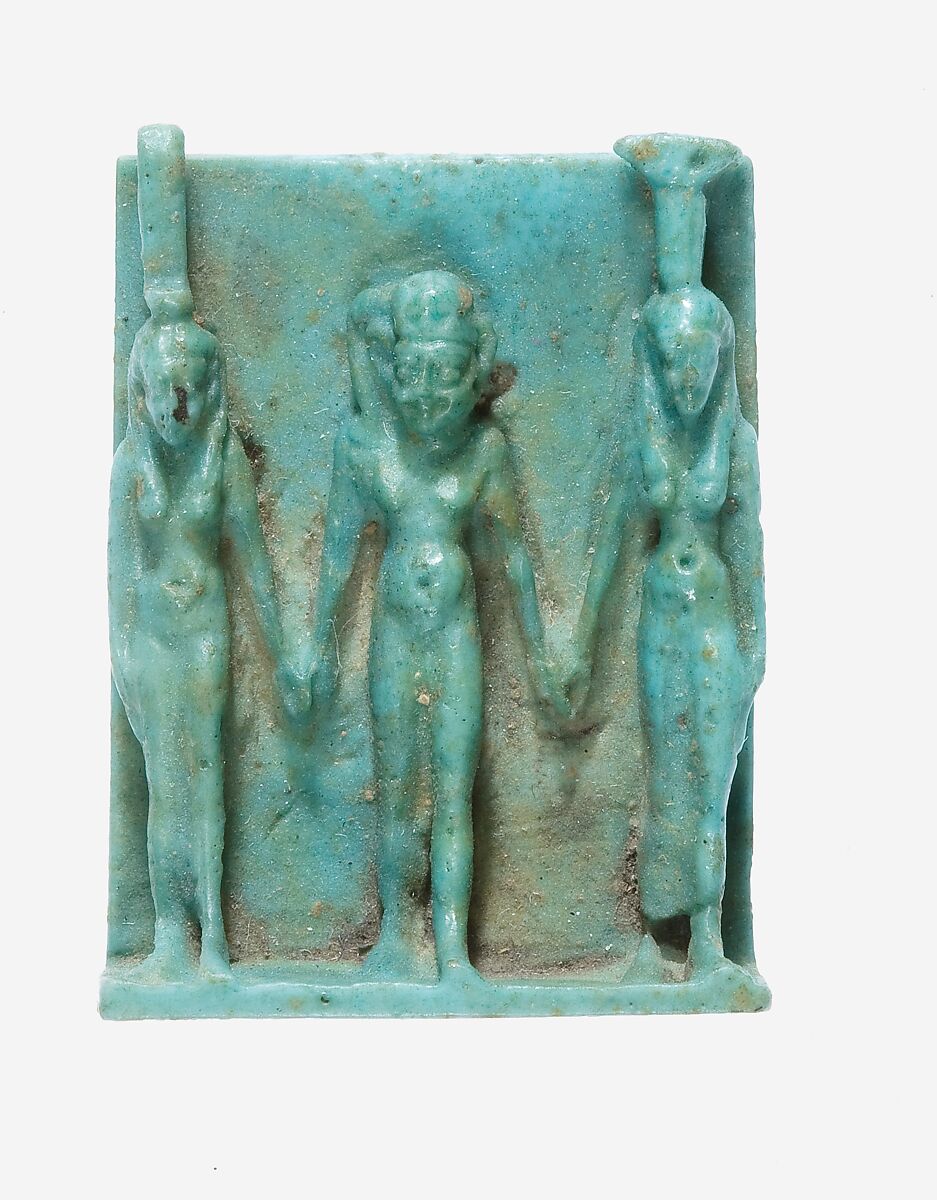 Amulet depicting Isis, Horus, and Nephthys, Faience 