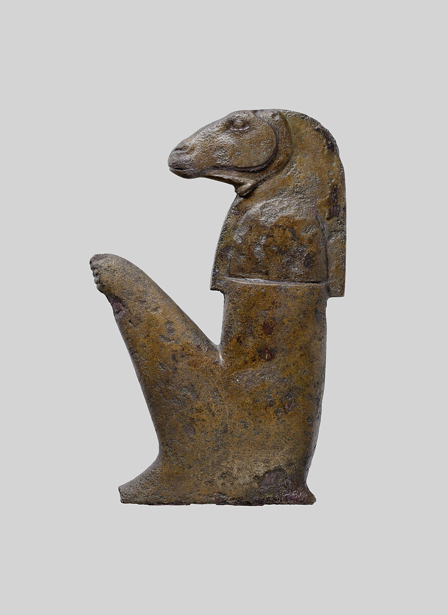 Inlay of a crouching ram-head god, Bronze or copper alloy 