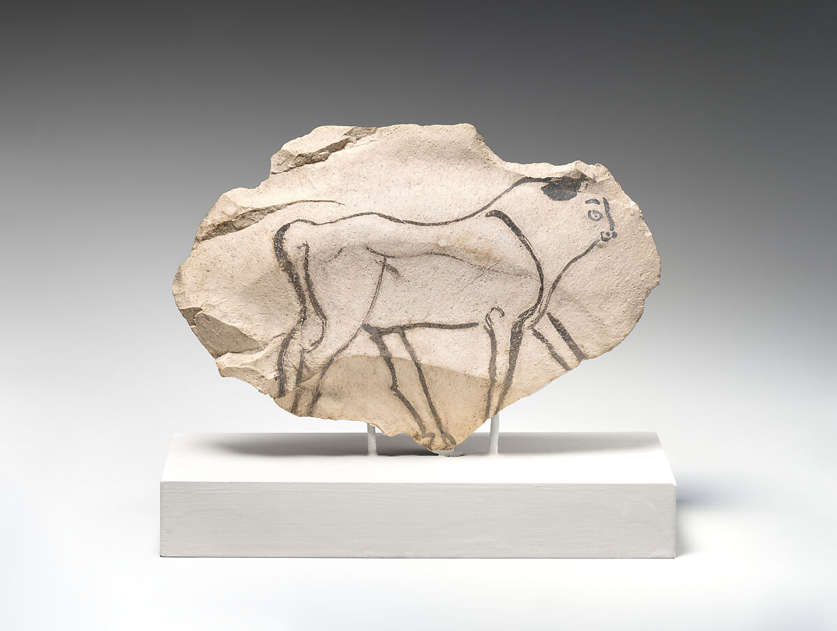 Ostracon with drawing of a bull, Limestone, ink 